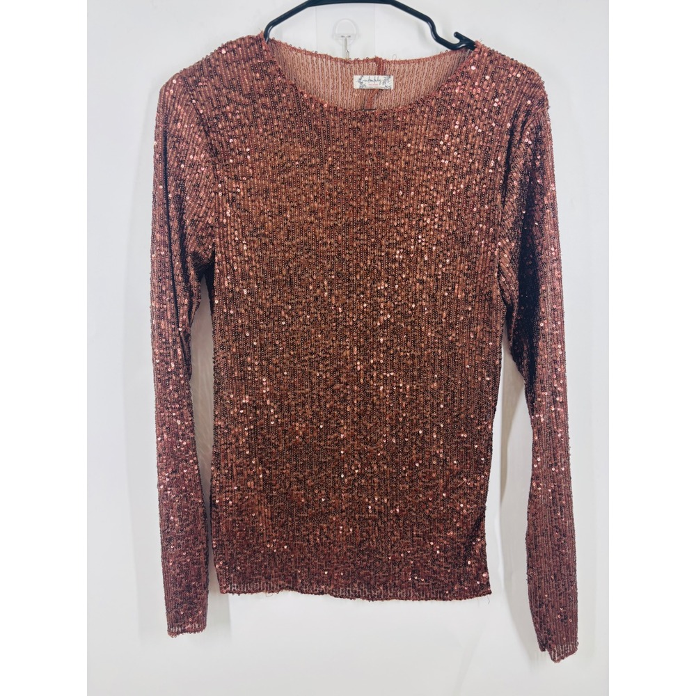 Free People Intimately Copper Bronze Sequined Long Sleeve Mesh Top Small